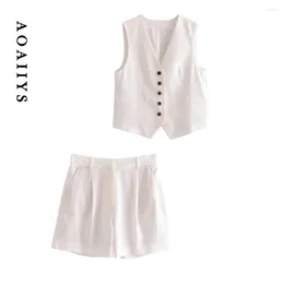 Women's Vests Aoaiiys Vest Women Linen Waistcoat Single Breasted Tops Vintage V Neck Sleeveless Female Outerwear White Fashion Chic Shorts