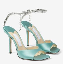 Summer Designer Sandals Women Shoes Luxury Saeda Sandal Ankle Straps with Crystal Embellishment Open Toes Stiletto Heel EU35-43 With Box Wedding
