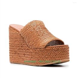 Slippers Brown Weave Cane Wedges Open Toe High Heel Sandals Indoor Platform Slides Women Fashion Large Size 45 Custom Shoes