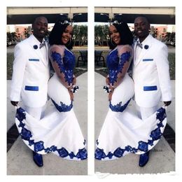 New Prom Dresses White Satin Royal Blue Lace African Long Illusion Sleeves Applique Formal Evening Gowns Pageant Celebrity Dress 98 0510