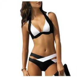 Women's Swimwear Spliced V-neck Split Body Womens Swimsuit Sexy Hollow Out Micro Bikini Oversized Swimwear Brazilian Bikini Large Size Swimsuit Y240506