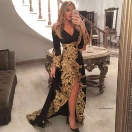 Zarif Siyah Gelin Altın Dantel Aplikler Arapça Dubai Uzun Kollu Parti Elbiseleri Kadın Gece Gowns Özel Made 0510