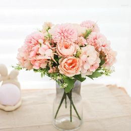 Decorative Flowers Pink Peony Artificial Silk Dandelion Flower Bride Fake Hydrangea Bouquet Wedding Home DIY Garden Decoration Crafts