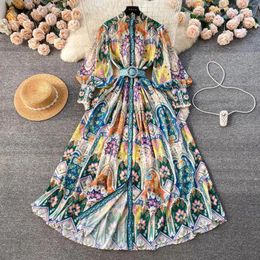 Casual Dresses 2024 Holiday Paisley Print Party Dress Women's Stand Long Sleeve Single Breasted Floral Belt Chiffon Maxi Robe Vestidos