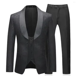Men's Suits Jacquard Suit Slim Shawl Lapel One Button Tuxedo Jacket Pants Vest Set
