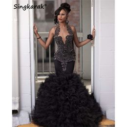 Sexy Black Diamonds Prom Glitter Crystals Beads Rhinestones Tiered Ruffles Birthday Party Dress special Reception Gown