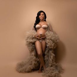 2022 Prom Dresses Khaki African Maternity Dress Robes for Photo Shoot or baby shower Ruffle Tulle Chic Women Ruffles Long Sleeve Photog 229C