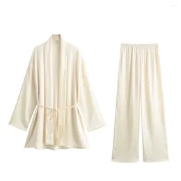 Women's Two Piece Pants 2024 Summer Product Fashion Folded Kimono Coat With Tie Slim And Small Pleated Straight Leg Casual Set