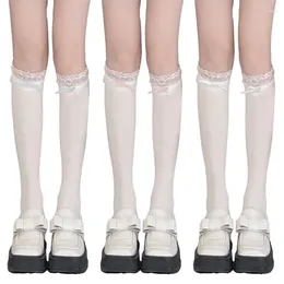 Women Socks Elegant Thin Solid Over Calf Long With Lace Trim And Ribbon Bowknot