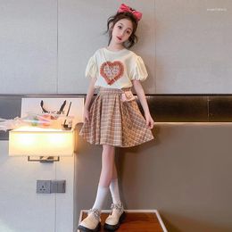 Clothing Sets 2024 Teenager Summer Kids Girls Clothes Heart Ruffles Puff Sleeve T-Shirt Short Checked JK Plaid Skirt 4 5 6 8 9 12 Years