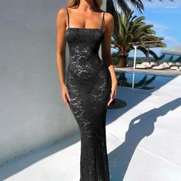 Casual Dresses Sexy Off Shoulder Spaghetti Straps Long Dress Women Sleelevess Slim Fit Beach Elegant See-through Lace