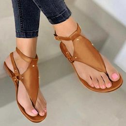 Casual Shoes Women Summer Flat Flip-flop Sandals Gladiator Thong Beach Leather Ankle Strap Buckle Soft Botton Outdoor Walking