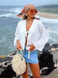 Women's Blouses Linen Solid Lace Up Bow Shirts 2024 Spring Casual Hollow Out Fashion All-match Lady V-neck Long Sleeve Tops