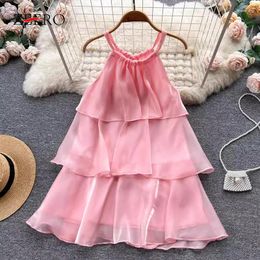 Casual Dresses Summer Women Slim Sleeveless Neck-mounted Layers Ruffles Mini Camisole Dress Elegant Ruffle Edge Bow Holiday Vestidos