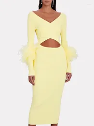 Casual Dresses Bandage Dress 2024 Women Celebrity Sexy V Neck Feather Cut Out Yellow Midi Bodycon Elegant Evening Club Party