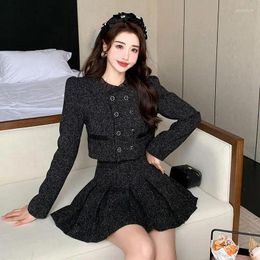 Work Dresses High Quality French Two Piece Set Women Tweed Solid Simple O-Neck Long Sleeve Jacket Coat Waist Skirt Suit Autumn Clothes