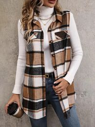 Outerwear Women 1XL-5XL Plus Size Plaid Print Flap Detail Sleeveless Coat Casual Button Up Cardigan Top Vest