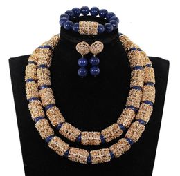 Splendid Navy Blue Nigerian Beaded Women Costume Jewelry Sets Dubai Gold Chunky Statement Necklace Set 2019 WE240 CJ1911282241140