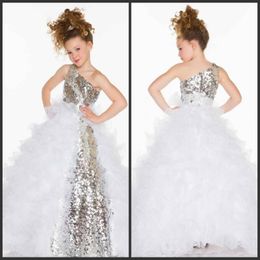 Bing Bling Sequins One Shoulder Evening Party Dress Skirt Ball Gown Flower Girl Gown Long Pageant Dresses For Kids Communion Wear 2472