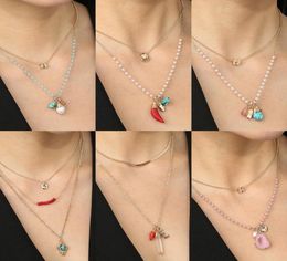 Pendant Necklaces Vintage Fashion Multilayered Chain Natural Stone Necklace For Women Gold Metal Pearl Choker Sweater Jewelry4254620