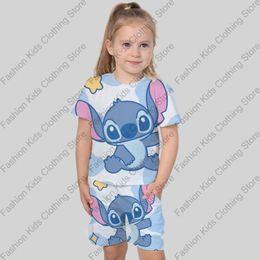 Clothing Sets MINISO Summer Children Boy Girl Cartoon Stitch 3d Print Casual T-shirt Shorts Set Kids Tracksuit Suit