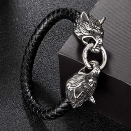 Charm Bracelets MKENDN Classic Animal Viking Double Dragon Wolf Head 316L stainless steel Mens Leather Bracelet Fashion Punk Jewellery Pulseras Y240510