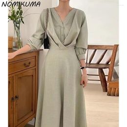 Casual Dresses Nomikuma Korean Chic Spring Retro Style V-neck Single Breasted Pleated Design With Tie Up Waist Slimming Long Sleeved Dress