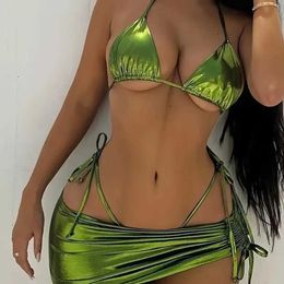 Women's Swimwear 2024 European and American three piece swimsuit set solid Colour hot gold glossy sexy lace bikini short skirt J240510