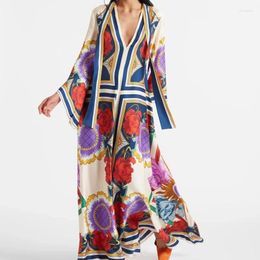 Casual Dresses Elegant Deep V-neck Tie-up Party Dress Women Bat Long Sleeve Loose Vintage Pattern Print Bohemian Silk