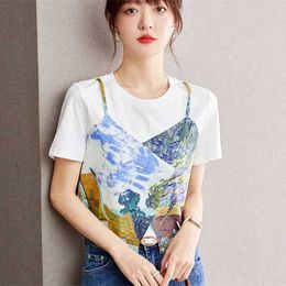 Women's T-Shirt Vintage Oil Painting Chic T Shirts Fake Two Pieces Lovely Crop Top Swt Women Girls Summer Short Slve Ts Korean Strtwear Y240509