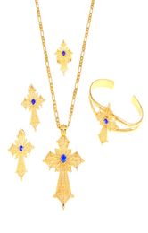 Ethiopian Stone Cross Jewelry Set Gold Color Necklace Earrings Ring Bangle Africa Dubai Bridal Wedding Sets1846129