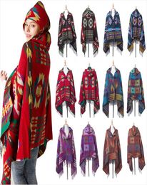 Women Bohemian Collar Plaid Hooded Blanket Cape Cloak Poncho Fashion Wool Blend Winter Outwear Shawl Scarf DDA7555133672