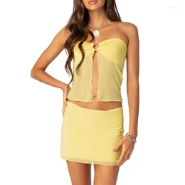 Work Dresses WPNAKS Women Mesh 2 Piece Skirt Sets Summer Clothes Outfits Solid Colour Split Tube Tops Mini Skinny Sexy Club