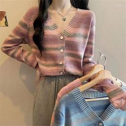 Women's Knits V-neck Striped Long-sleeved Knitted Cardigan Spring Style Slim Sweater Outer Top Small Jacket