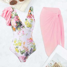 Women's Swimwear Contrasting Colours Monokini Stylish Floral Print One-piece Swimsuit Set With Chiffon Cover Up Skirt V-neck For Summer