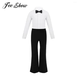 Clothing Sets Kids Boys Jazz Dance Costumes Outfit Lapel Bowtie Romper Shirt Leotard Bodysuit With Pants Trousers Stage Performance