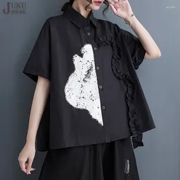 Women's Blouses Japanese Style Summer Woman Short-Sleeve Loose Fit Tide Black Printed Shirt Casual Harajuku Fashion Large JJXS086