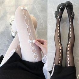 Women Socks Sweet Bow Lace Stockings Girls Bowknot Thigh High JK Pantyhose Lolita Hollow Out Mesh Fishnet