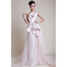 A-Line One Shoulder Celebrity Red Carpet Evening Dresses Tiered Stain And Tulle Overskirt Floor Length Light Pink Formal Prom Ocn Gowns 0510