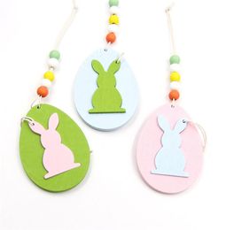 Easter Wooden Hanging Pendant DIY Solid Colour Egg Bunny Shaped Hanging Ornament Happy Easter Home Decoration 6pcsbag7730359