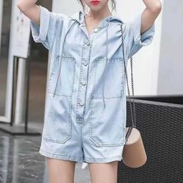 Women's Jumpsuits Rompers Hooded Jumpsuits Summer Denim Pants Wide Leg Shorts Bodysuits Women Korean Style Short Slve One Piece Outfits Women Clothing Y240510