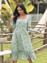 Long Sleeve Maxi Dress for Women Square Neck Casual Boho Floral Print Spring Summer Dresses 240509