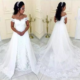 Plus Size Overskirts Wedding Dresses Off Shoulder Cheap Arabic African Country Bridal Gowns Count Train Lace Appliques Elegant Wedding 2862