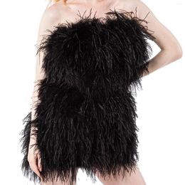 Casual Dresses Real Ostrich Fur Chest Wrapping Dress Women Strapless Skirt Feather Sleeveless Furry Fluffy Sexy 2024 Peach Fuzz Fashion