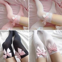 Women Socks Big Pink Bowknot Lovely Thigh High Knee Sexy Stockings Girls Sweet Lace Over Ladies Lingerie