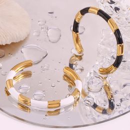 Waterproof Chunky Thick Statement Enamel Black White Strip Cuff Bangles Bracelets For Women Gold Plated Stainless Steel Bangles 240510