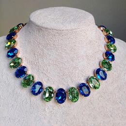 Exquisite Vintage Oval Crystal Copper Micro Inlaid Necklace Handmade Light Green Blue Glass Crystal Mix And Match Choker Gift 240428