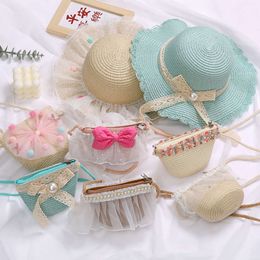 Children's lace bow woven bag little girl one shoulder crossbody zero wallet cute summer grass hat 78% factory wholesale