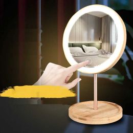 Compact Mirrors Wooden desktop LED makeup mirror 3X magnification USB charging adjustable diffuse light touch screen beauty Q240509