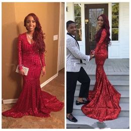 Deep V Neck African Red Sequined Prom Long Sleeve Sparkly Mermaid Dresses Fitted Party Gowns Evening Wear 0510